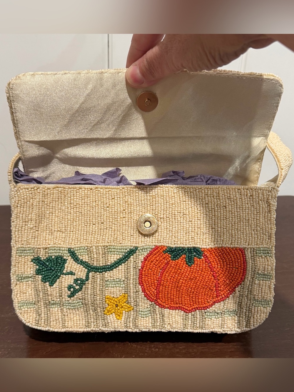 Beaded Pumpkin Floral Shoulder Bag - Cream/Orange - Picture 3 of 3